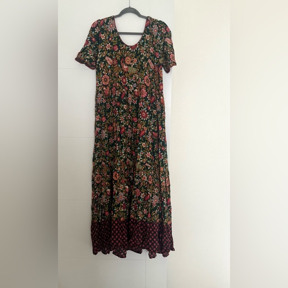 Natural Life Lucia Maxi DressBohemian Floral Flowy Print Green Pink Bird Sz Med - Picture 3 of 7
